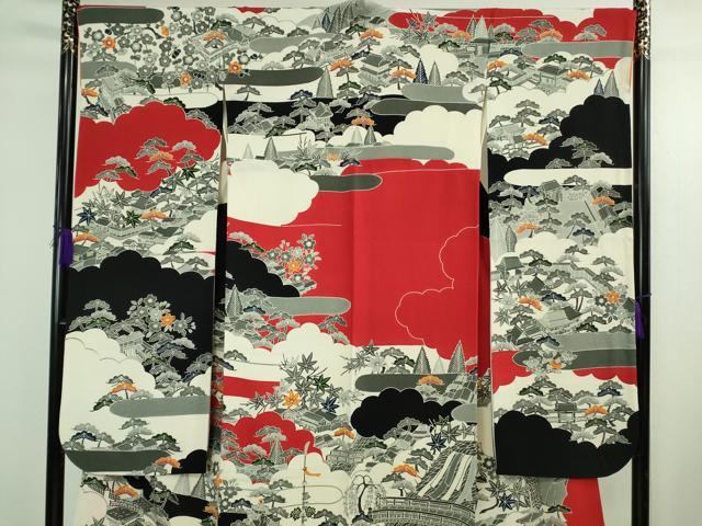 平和屋本店●極上　和染紅型　栗山紅型　栗山吉三郎　振袖　渡橋風景文　鬼しぼ縮緬　逸品　DZAB3701kh6_2
