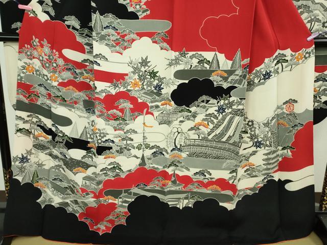 平和屋本店●極上　和染紅型　栗山紅型　栗山吉三郎　振袖　渡橋風景文　鬼しぼ縮緬　逸品　DZAB3701kh6_3