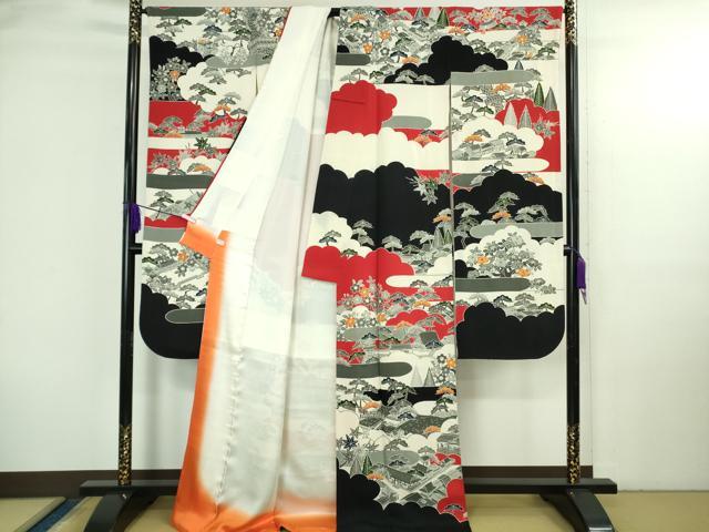 平和屋本店●極上　和染紅型　栗山紅型　栗山吉三郎　振袖　渡橋風景文　鬼しぼ縮緬　逸品　DZAB3701kh6_1