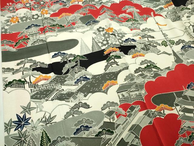 平和屋本店●極上　和染紅型　栗山紅型　栗山吉三郎　振袖　渡橋風景文　鬼しぼ縮緬　逸品　DZAB3701kh6_4