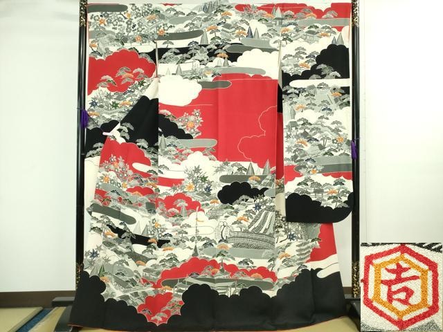 平和屋本店●極上　和染紅型　栗山紅型　栗山吉三郎　振袖　渡橋風景文　鬼しぼ縮緬　逸品　DZAB3701kh6