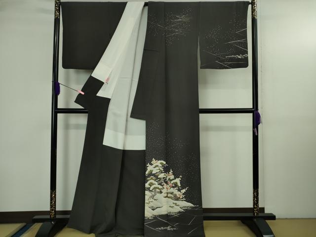 平和屋本店●極上　糸目友禅作家　橋村重彦　青山みとも　訪問着　雪景色　松竹梅　青褐色地　逸品　DZAB3702kh6_1