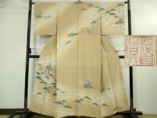 平和屋本店●極上　名門・上野家　四代目 上野真(二代目 上野為二)　訪問着　風景松花文　薄い飴色地　暈し染め　逸品　DZAB3708kh6