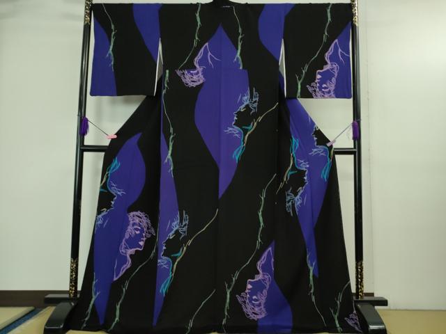 平和屋本店●極上　画家・キャラクターデザイナー　天野喜孝　小紋　線画 女性・男性画　縮緬地　ロング丈　さが美扱い　逸品　DZAB3723kh6