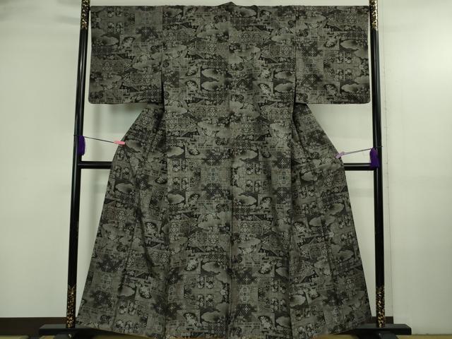 平和屋本店●極上　本場大島紬　12マルキ　屏風人物花文　逸品　DZAB3745kh6 平和屋本店○極上 本場大島紬 12マルキ 屏風人物花文 逸品 DZAB3745kh6
