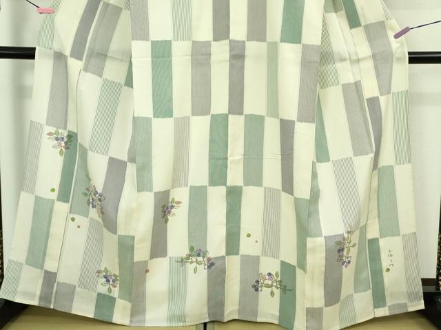 長閑やかさ屋中央局▽超滅多にない 日本作物会正会員 染め付ける型絵染絵描き 岩井香楠子 短い訪問着 紬地 単衣 ブルーベリー たとう紙付き添い人 珠玉 DZAB3773kh6