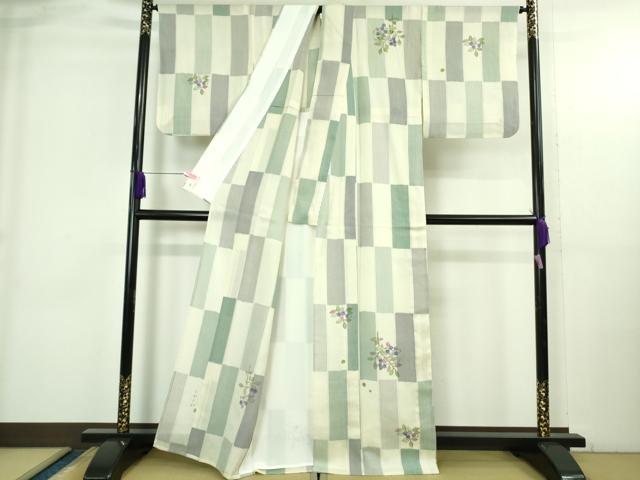 長閑やかさ屋中央局▽超滅多にない 日本作物会正会員 染め付ける型絵染絵描き 岩井香楠子 短い訪問着 紬地 単衣 ブルーベリー たとう紙付き添い人 珠玉 DZAB3773kh6