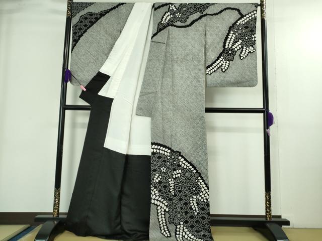 平和屋着物●極上　訪問着　絞り　草花文　黒地　逸品　DZAB3809kh6_1