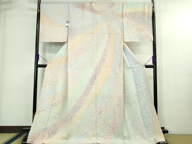 平和屋本店●極上　訪問着　東雲絞り　相良刺繍　笹花文　暈し染め　金糸　銀通し地　逸品　未使用　DZAB3812kh6