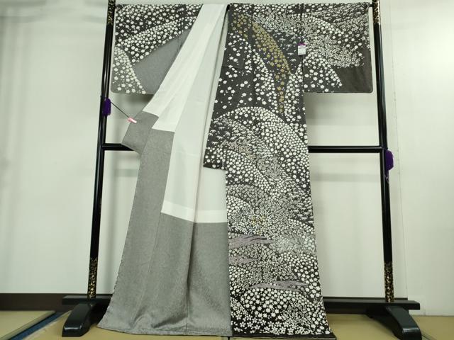 平和屋本店●極上　訪問着　東雲絞り　相良刺繍　草花文　暈し染め　金糸　銀通し地　ロング丈　逸品　未使用　DZAB3814kh6_1