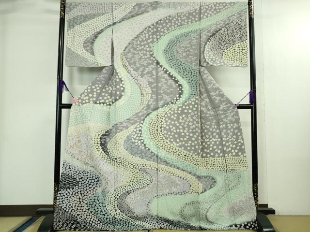 平和屋本店●極上　訪問着　東雲絞り　相良刺繍　流水笹花文　暈し染め　金糸　銀通し地　ロング丈　逸品　未使用　DZAB3815kh6