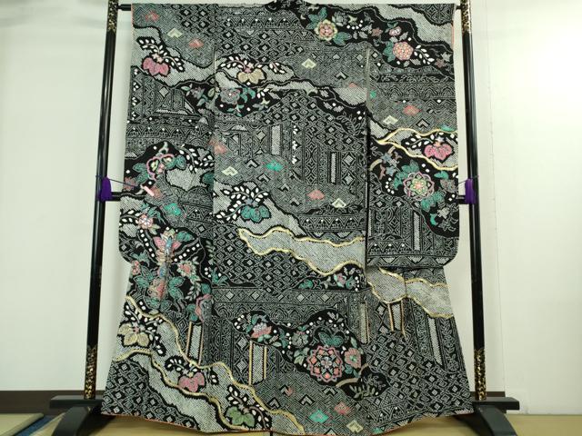 平和屋本店●極上　振袖　絞り　名物裂草花文　金銀彩　黒地　逸品　DZAB3818kh6