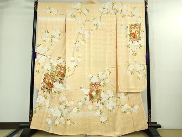平和屋本店●極上　振袖　駒刺繍　貝桶枝桜　蜂蜜色地　金彩　逸品　DZAB3821kh6
