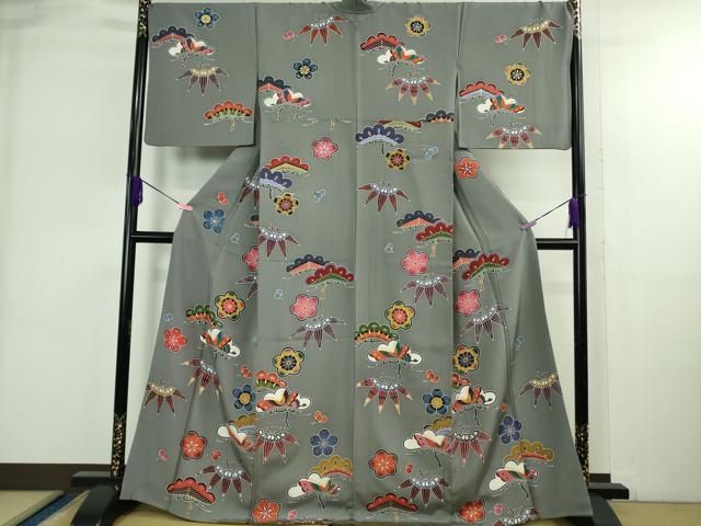 平和屋着物●極上　小紋　紅型　松竹梅　鉛色地　逸品　DZAB3823kh6