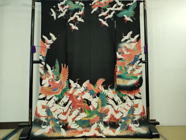 平和屋本店▽極上　アンティーク　単衣　大正ロマン　振袖　駒刺繍　飛鶴文　暈し染め　黒地　金彩　逸品　DZAB3827kh6