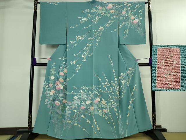 平和屋着物●極上　十日町友禅作家　阿部佳雪　訪問着　枝花文　新橋色地　逸品　DZAB3841kh6