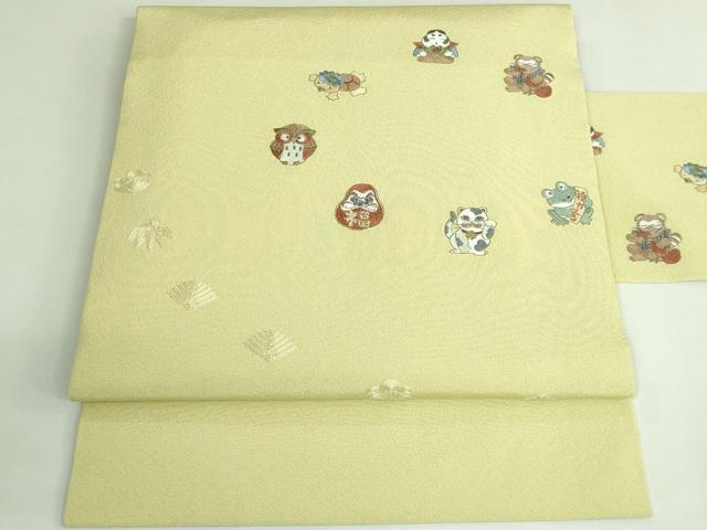 平和屋着物●極上　九寸名古屋帯　総刺繍　招き猫　河童　ダルマ　フクロウ　タヌキ　カエル　縁起物　逸品　DZAB3905kh6