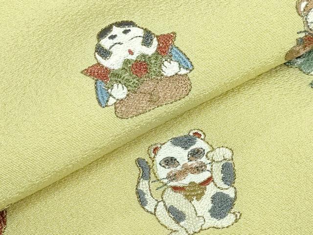 平和屋着物●極上　九寸名古屋帯　総刺繍　招き猫　河童　ダルマ　フクロウ　タヌキ　カエル　縁起物　逸品　DZAB3905kh6_2