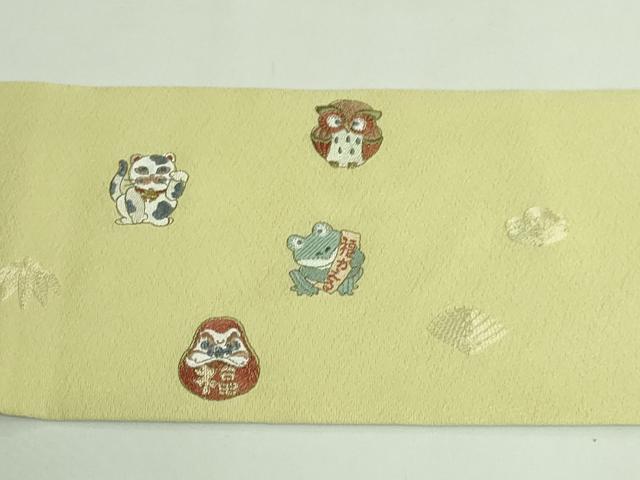 平和屋着物●極上　九寸名古屋帯　総刺繍　招き猫　河童　ダルマ　フクロウ　タヌキ　カエル　縁起物　逸品　DZAB3905kh6_9