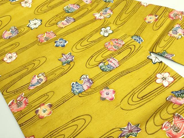 平和屋着物●極上　本場琉球紅型　九寸名古屋帯　紬地　流水鴛鴦花文　逸品　DZAB3906kh6_1