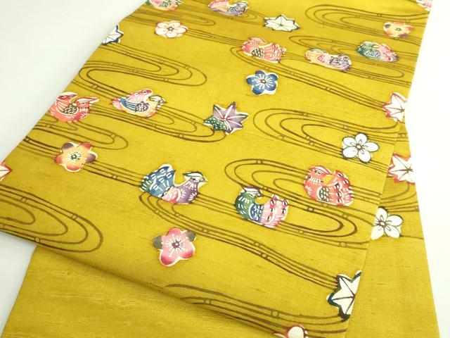 平和屋着物●極上　本場琉球紅型　九寸名古屋帯　紬地　流水鴛鴦花文　逸品　DZAB3906kh6_6