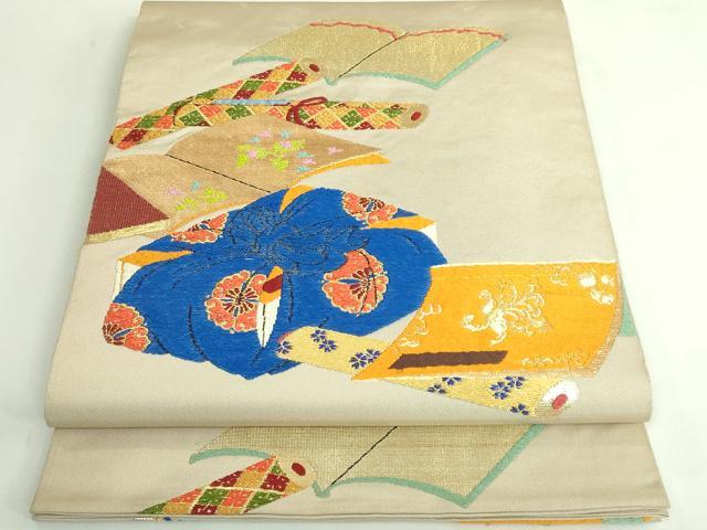 平和屋着物●極上　龍村美術織物　たつむら　太鼓柄　本袋帯　冊子蒔絵文　金糸　白橡色地　逸品　DZAB3916kh6 平和屋着物○極上 龍村美術織物 たつむら 太鼓柄 本袋帯 冊子蒔絵文
