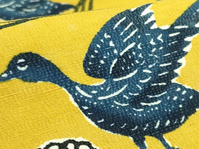 平和屋本店●極上　九寸名古屋帯　紅型　紬地　群れ鳥　証紙・反端付き　逸品　DZAB3932kh6