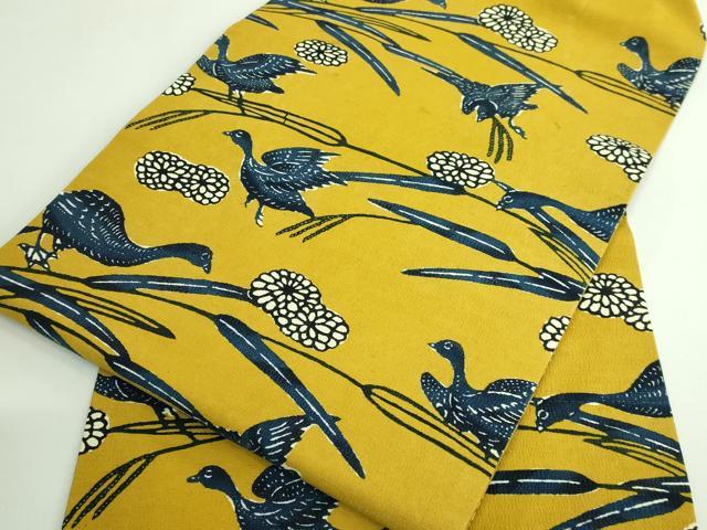 平和屋本店●極上　九寸名古屋帯　紅型　紬地　群れ鳥　証紙・反端付き　逸品　DZAB3932kh6