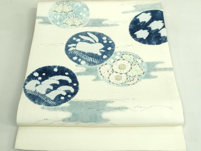 平和屋本店●極上　辻が花作家　小倉建亮の弟子　塩瀬　九寸開き名古屋帯　立波に兎　千鳥　逸品　DZAB3934kh6 平和屋本店○極上 辻が花作家 小倉建亮の弟子 塩瀬 九寸開き名古屋帯