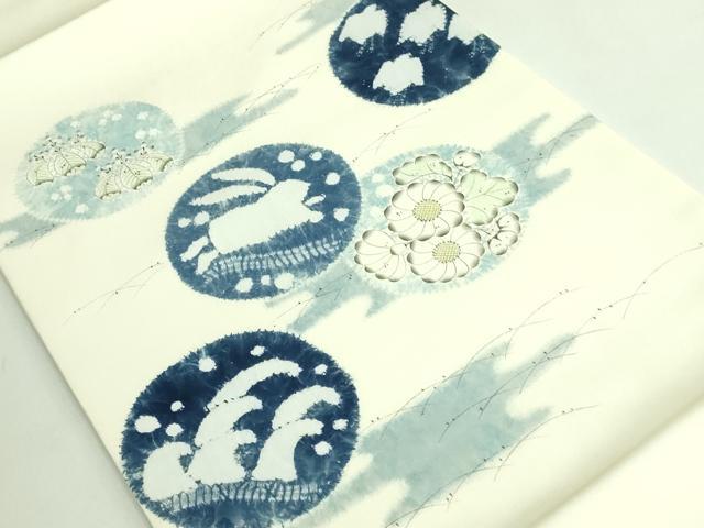 平和屋本店●極上　辻が花作家　小倉建亮の弟子　塩瀬　九寸開き名古屋帯　立波に兎　千鳥　逸品　DZAB3934kh6 平和屋本店○極上 辻が花作家 小倉建亮の弟子 塩瀬 九寸開き名古屋帯