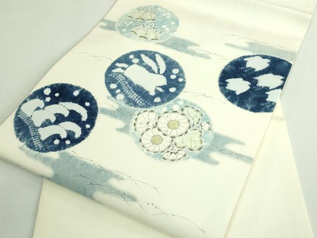平和屋本店●極上　辻が花作家　小倉建亮の弟子　塩瀬　九寸開き名古屋帯　立波に兎　千鳥　逸品　DZAB3934kh6_6