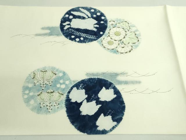 平和屋本店●極上　辻が花作家　小倉建亮の弟子　塩瀬　九寸開き名古屋帯　立波に兎　千鳥　逸品　DZAB3934kh6_7