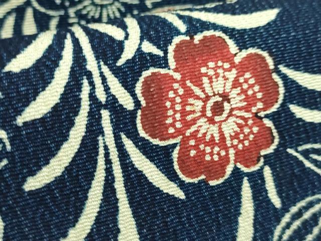 平和屋本店●極上　浦野理一　型染　九寸名古屋帯　松花文　紺色地　鬼しぼ縮緬　逸品　DZAB3962kh6_3