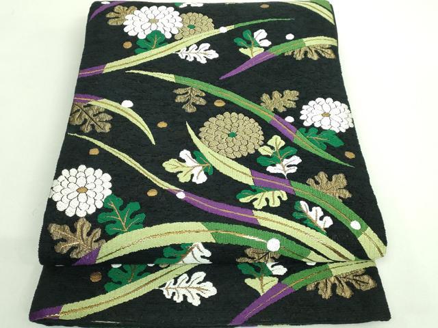 平和屋着物●極上　人形作家・ホリヒロシ　六通柄袋帯　唐織　菊　露草　ビロード　黒地　金糸　上代39万　逸品　DZAB3991kh6