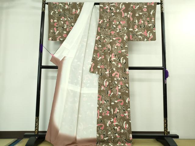 平和屋本店●極上　和染紅型　栗山紅型　栗山吉三郎　小紋　いろは唄　江戸鼠色地　鬼しぼ縮緬　反端付き　逸品　DZAB4022kh6_2