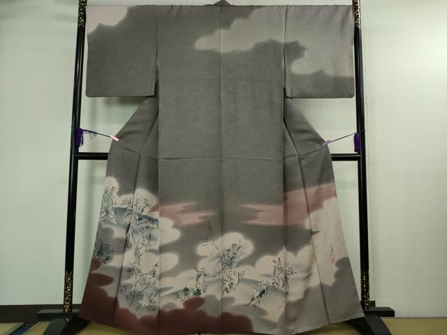 平和屋本店●極上　訪問着　作家物　本藍　鳥獣戯画　手描き　暈し染め　藤煤竹色地　逸品　DZAB4032kh6