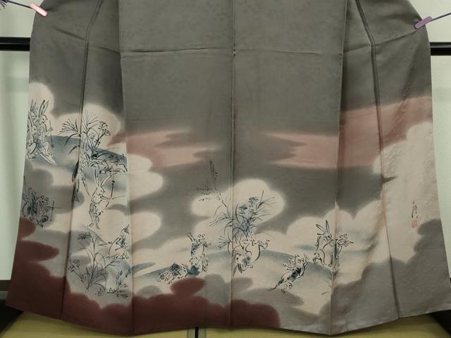 平和屋本店●極上　訪問着　作家物　本藍　鳥獣戯画　手描き　暈し染め　藤煤竹色地　逸品　DZAB4032kh6