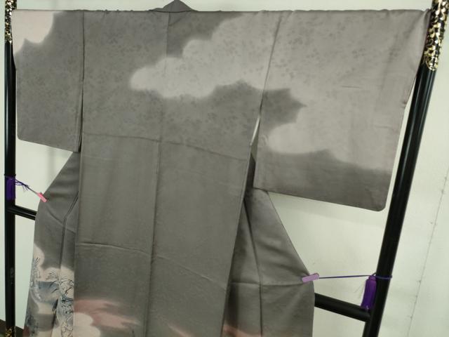 平和屋本店●極上　訪問着　作家物　本藍　鳥獣戯画　手描き　暈し染め　藤煤竹色地　逸品　DZAB4032kh6