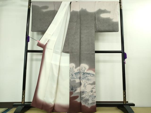 平和屋本店●極上　訪問着　作家物　本藍　鳥獣戯画　手描き　暈し染め　藤煤竹色地　逸品　DZAB4032kh6