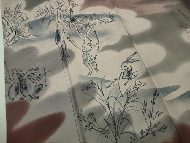 平和屋本店●極上　訪問着　作家物　本藍　鳥獣戯画　手描き　暈し染め　藤煤竹色地　逸品　DZAB4032kh6