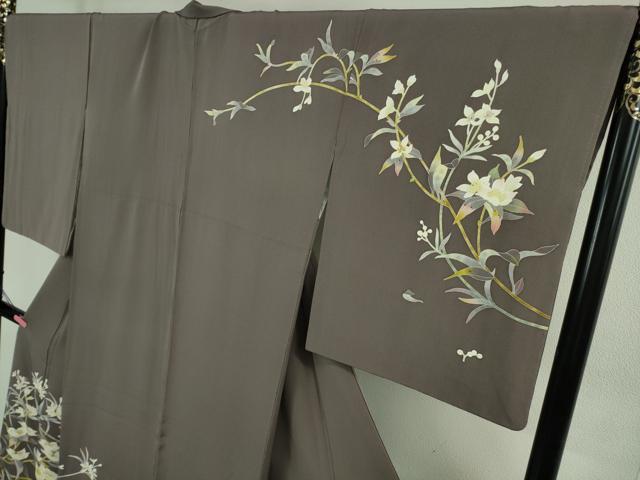 平和屋本店●極上　京加賀友禅　百貫石峰　訪問着　草花文　葡萄鼠色地　逸品　DZAB4036kh6
