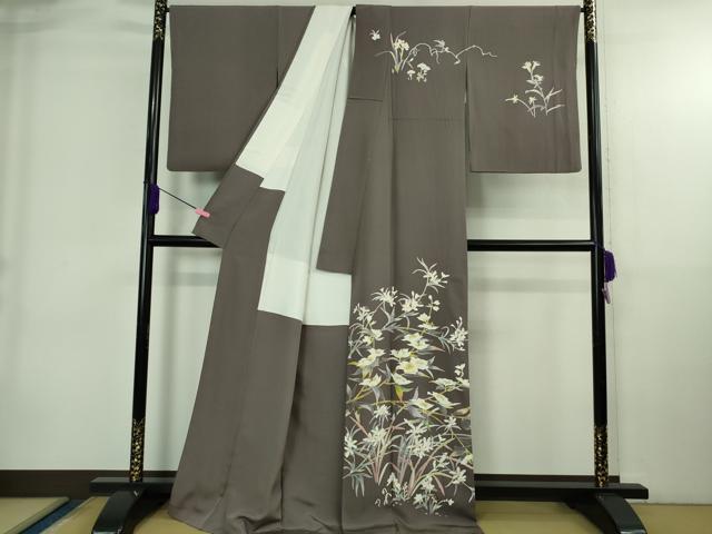 平和屋本店●極上　京加賀友禅　百貫石峰　訪問着　草花文　葡萄鼠色地　逸品　DZAB4036kh6