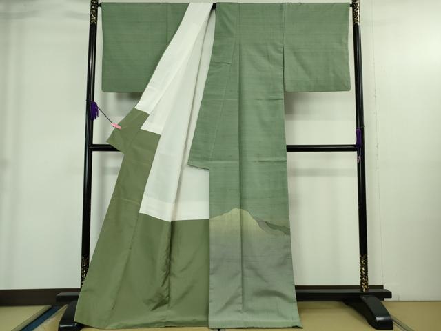 平和屋本店●極上　伝統工芸士　曽根武勇　訪問着　紬地　遠山文　柳煤竹色地　ロング丈　逸品　DZAB4055kh6_1