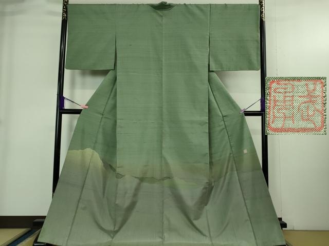平和屋本店●極上　伝統工芸士　曽根武勇　訪問着　紬地　遠山文　柳煤竹色地　ロング丈　逸品　DZAB4055kh6