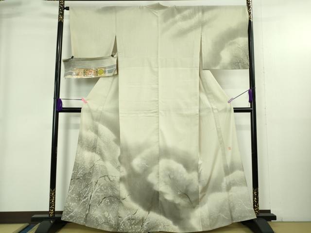 平和屋着物＊極上　夏物　本場縞大島紬　訪問着　作家物　つむぎや謹製　樹林文　練色地　証紙付き　逸品　DZAB4074kh6