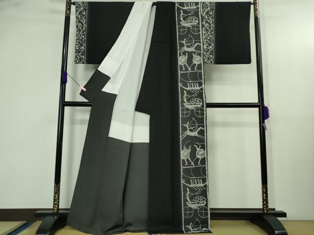 平和屋着物●極上　京都の和装業の老舗一門　千切屋治兵衛　訪問着　象形文字　暈し染め　黒地　反端付き　逸品　DZAB4129kh6_1