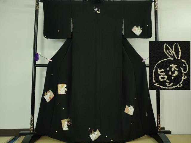 平和屋着物●極上　人形作家・ホリヒロシ　訪問着　刺繍　四季花文　黒地　鬼しぼ縮緬　逸品　DZAB4141kh6