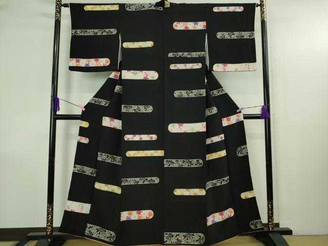 平和屋着物○極上 小紋 楓 黒地 鬼しぼ縮緬 金彩 逸品 DZAB4155kh6