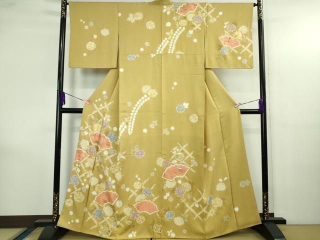 平和屋本店●極上　創業460年・千總　訪問着　駒刺繍　地紙花文　芥子色地　金彩　小田急百貨店扱い　逸品　DZAB4159kh6