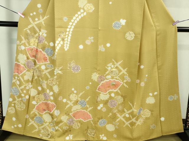 平和屋本店●極上　創業460年・千總　訪問着　駒刺繍　地紙花文　芥子色地　金彩　小田急百貨店扱い　逸品　DZAB4159kh6_3